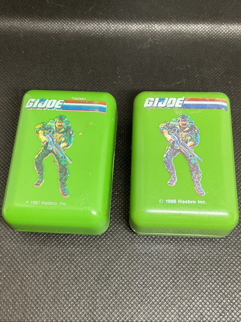 Vintage Hasbro G.I. Joe Bright Green Plastic Case Pair with Soldier Art